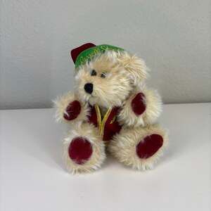 Vintage Russell Stover Christmas Plush Bear in Red Velvet Elf Vest and Hat